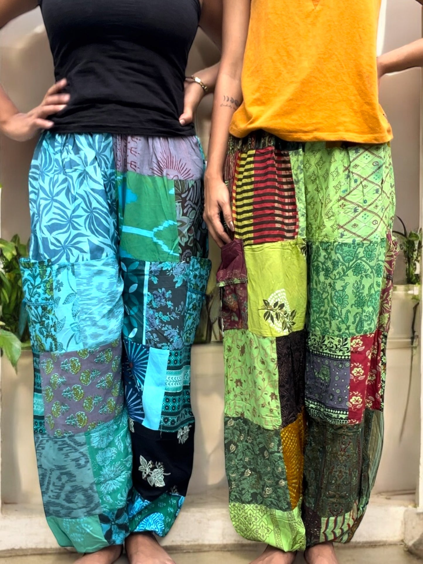 Cotton Patchwork Pants - Green
