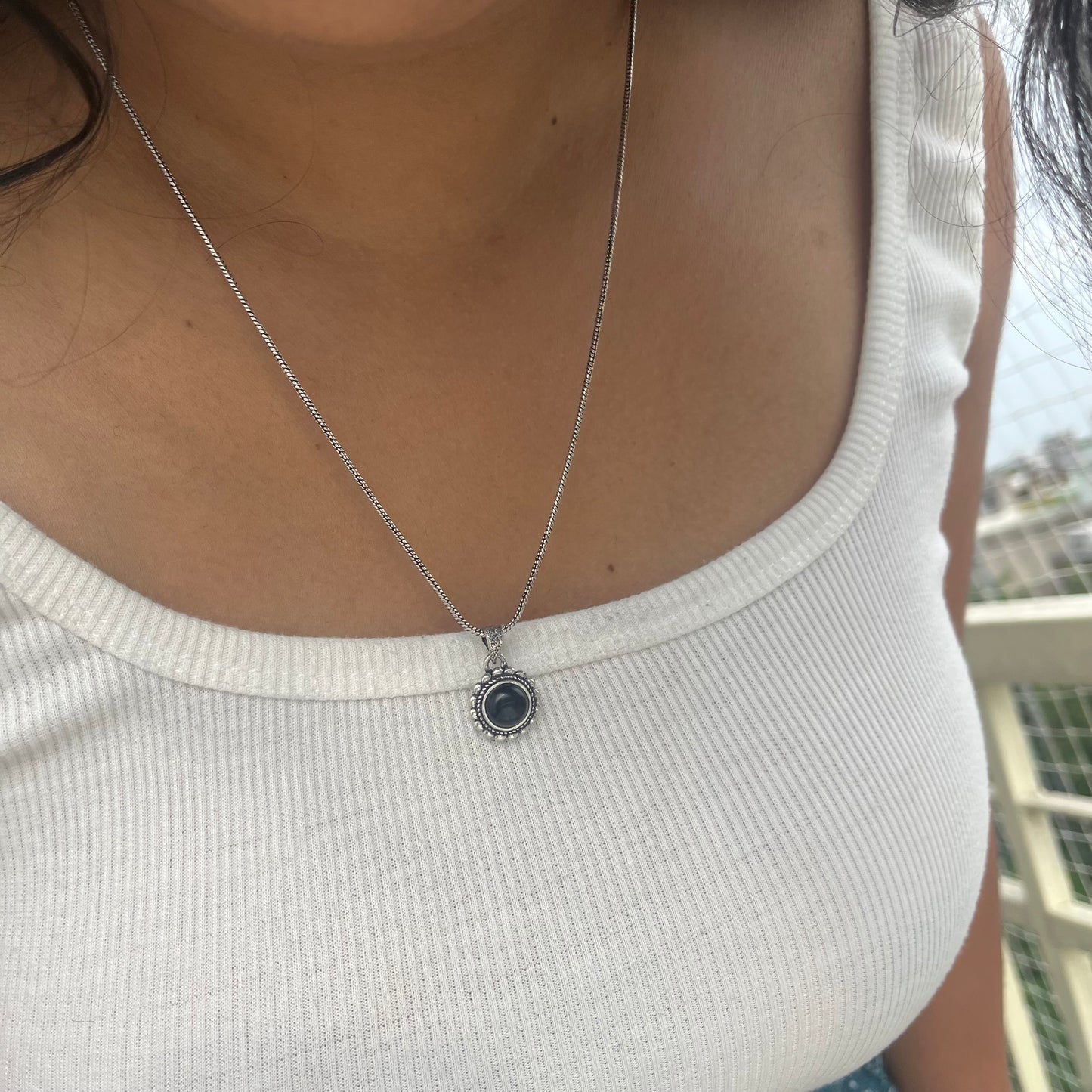 Black Onyx Stone Pendant & Chain