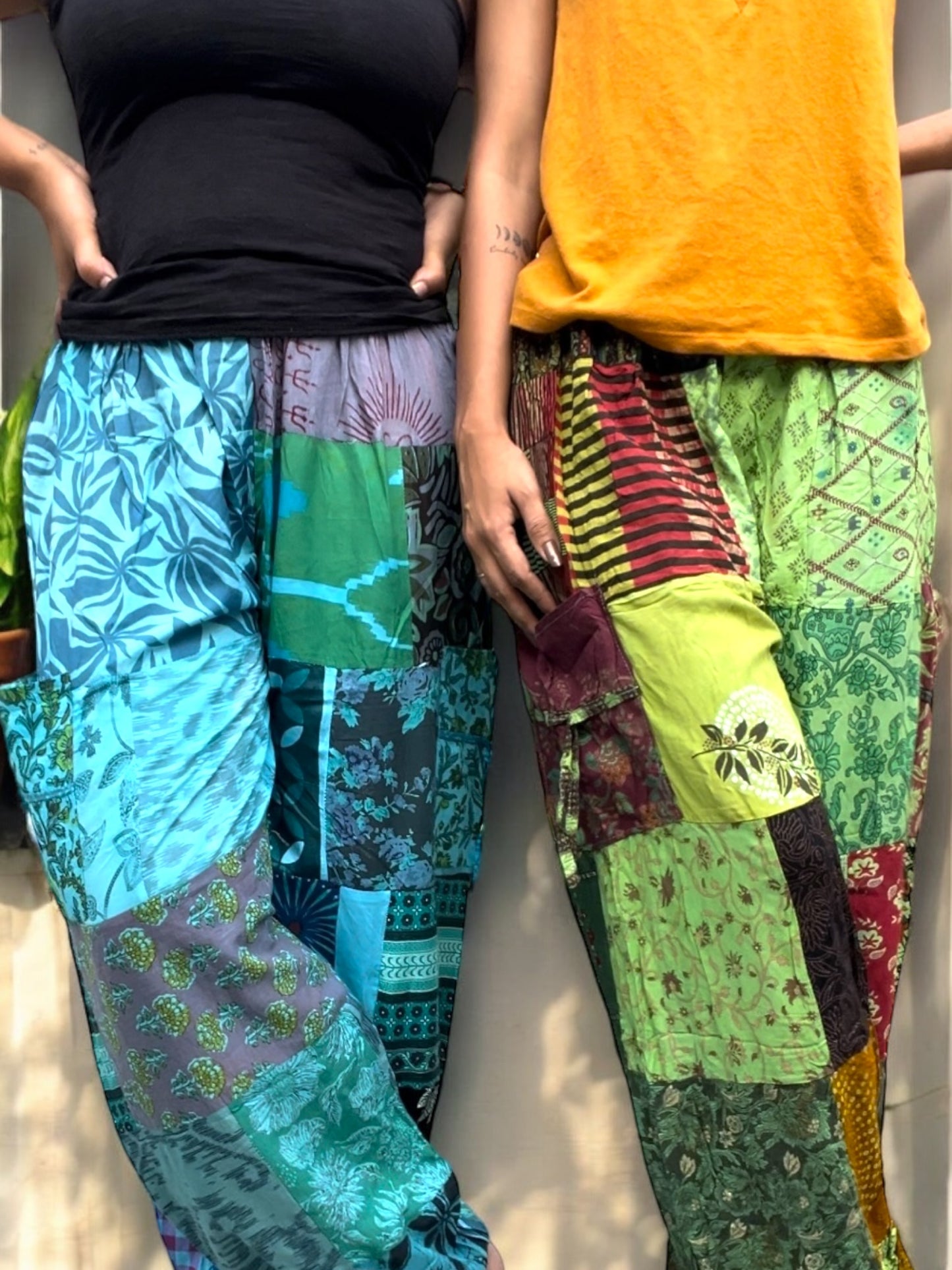 Cotton Patchwork Pants - Turquoise