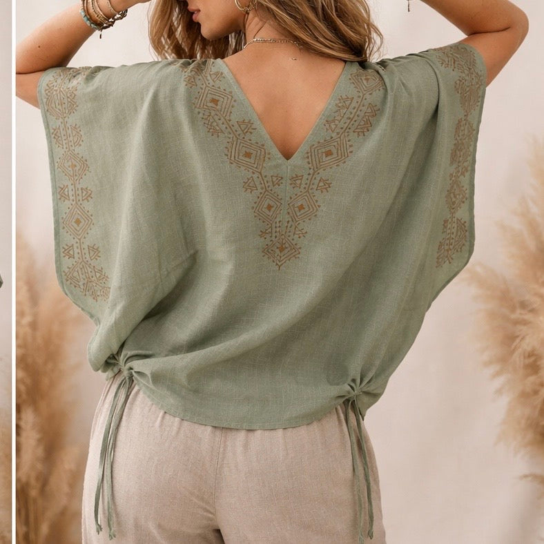 Zyra V-Neck Cotton Top - Sage Green