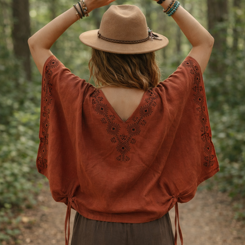 Zyra V-Neck Cotton Top - Rust Orange