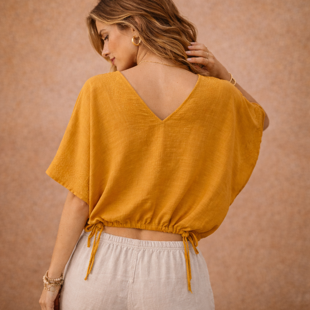 Zyra V-Neck Cotton Top - Mustard