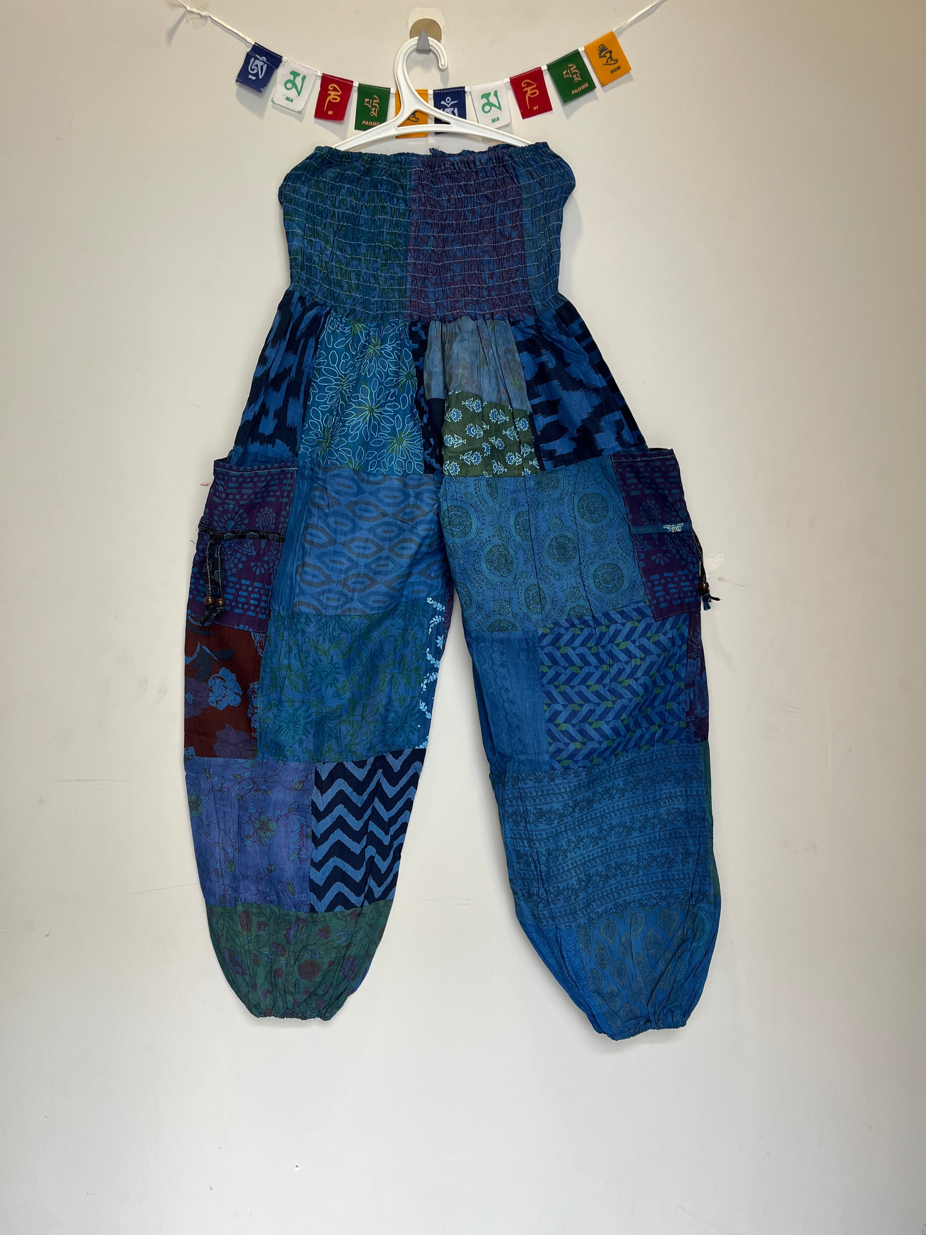 Cotton Patchwork Pants - Kansai Pattern (Blue)