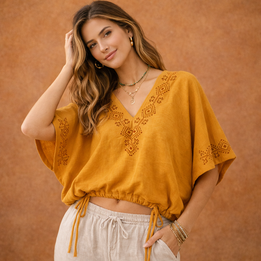 Zyra V-Neck Cotton Top - Mustard