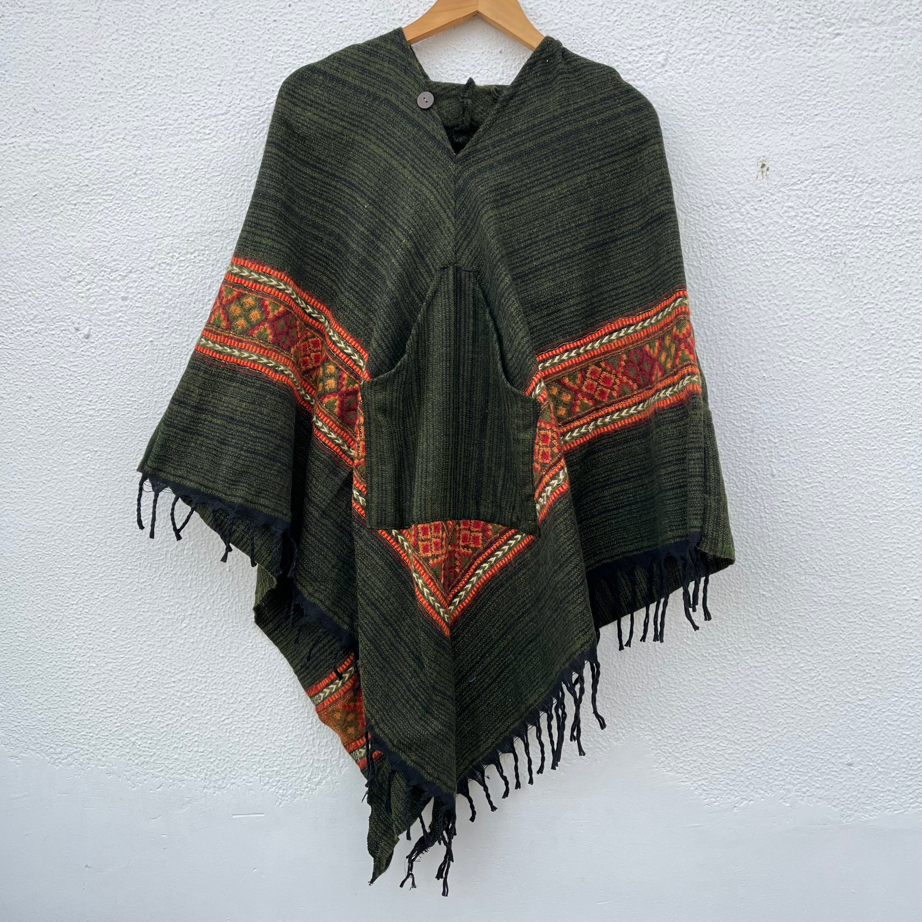 Combo Set - Kullu Poncho + Woollen Pants (Green+ Cream)
