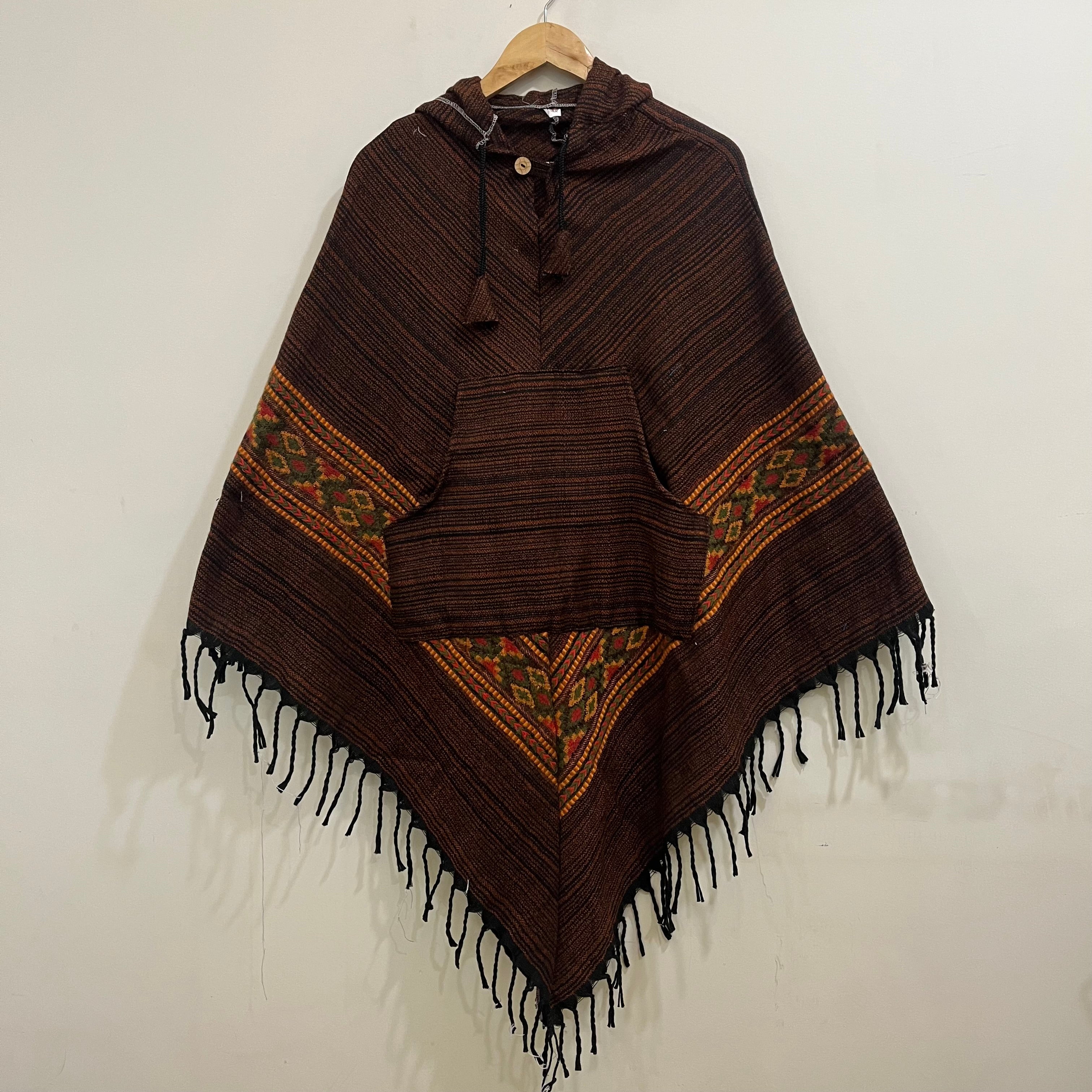 Pahadi Kullu Poncho with Hood - Brown