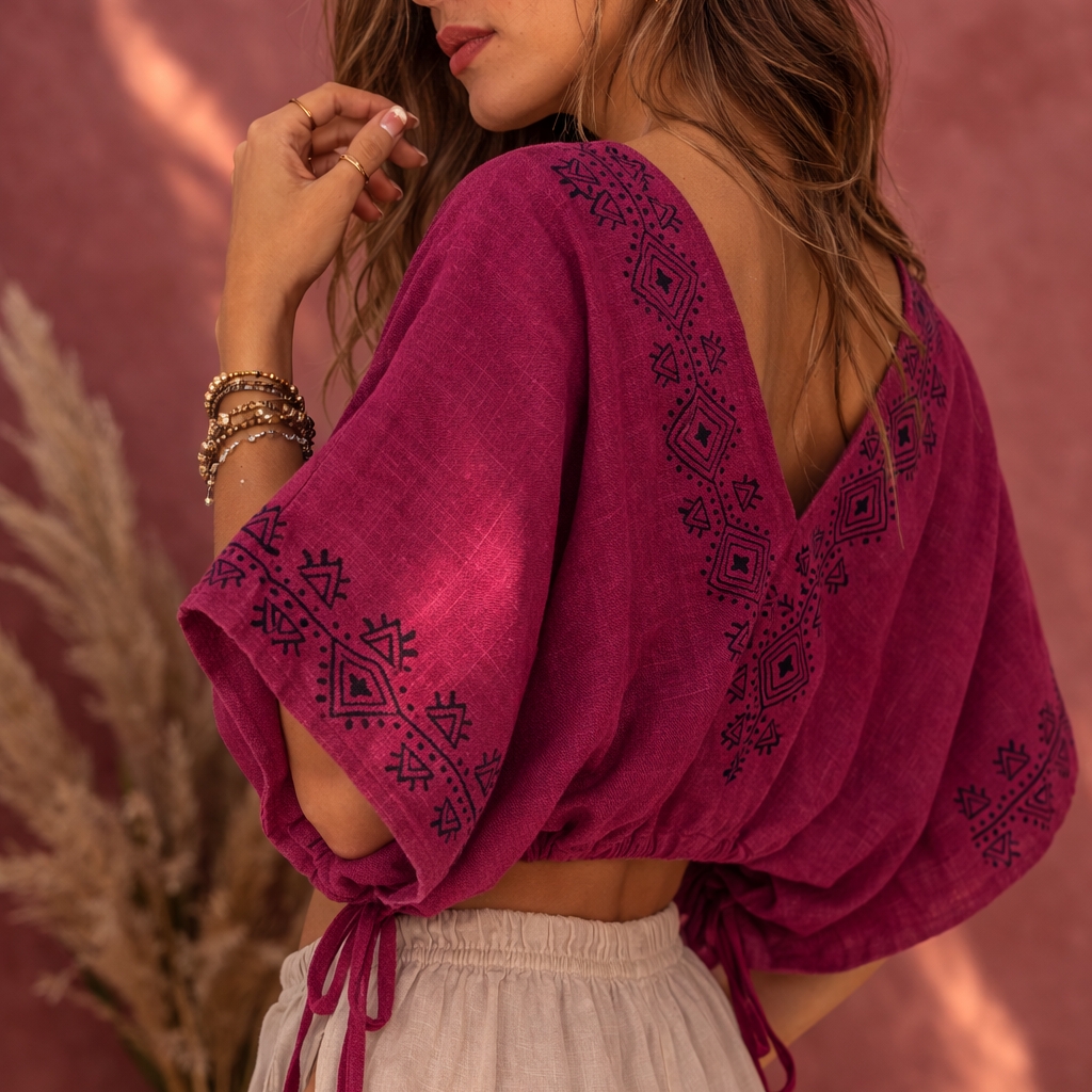 Zyra V-Neck Cotton Top - Mulberry Berry