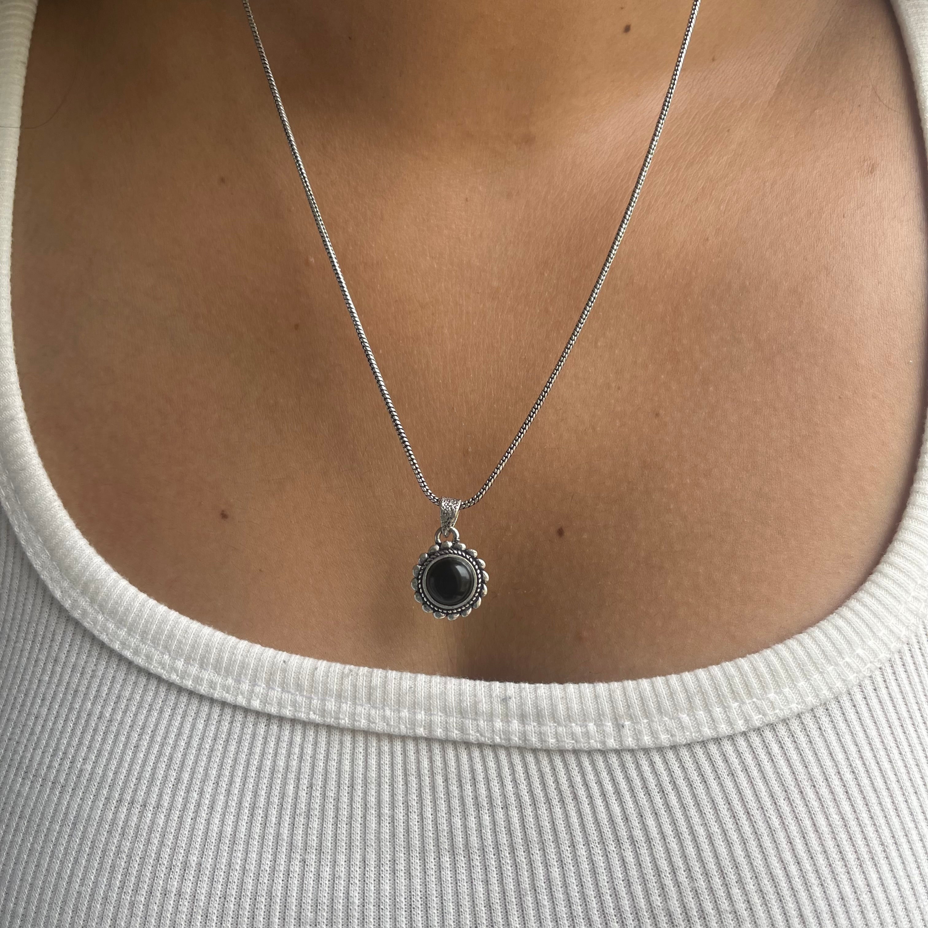 Black Onyx Stone Pendant & Chain