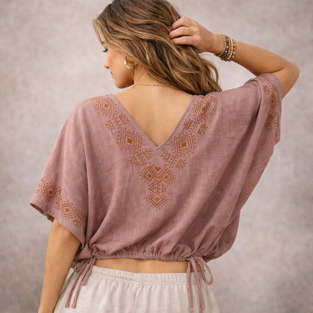Zyra V-Neck Cotton Top - Light Sand