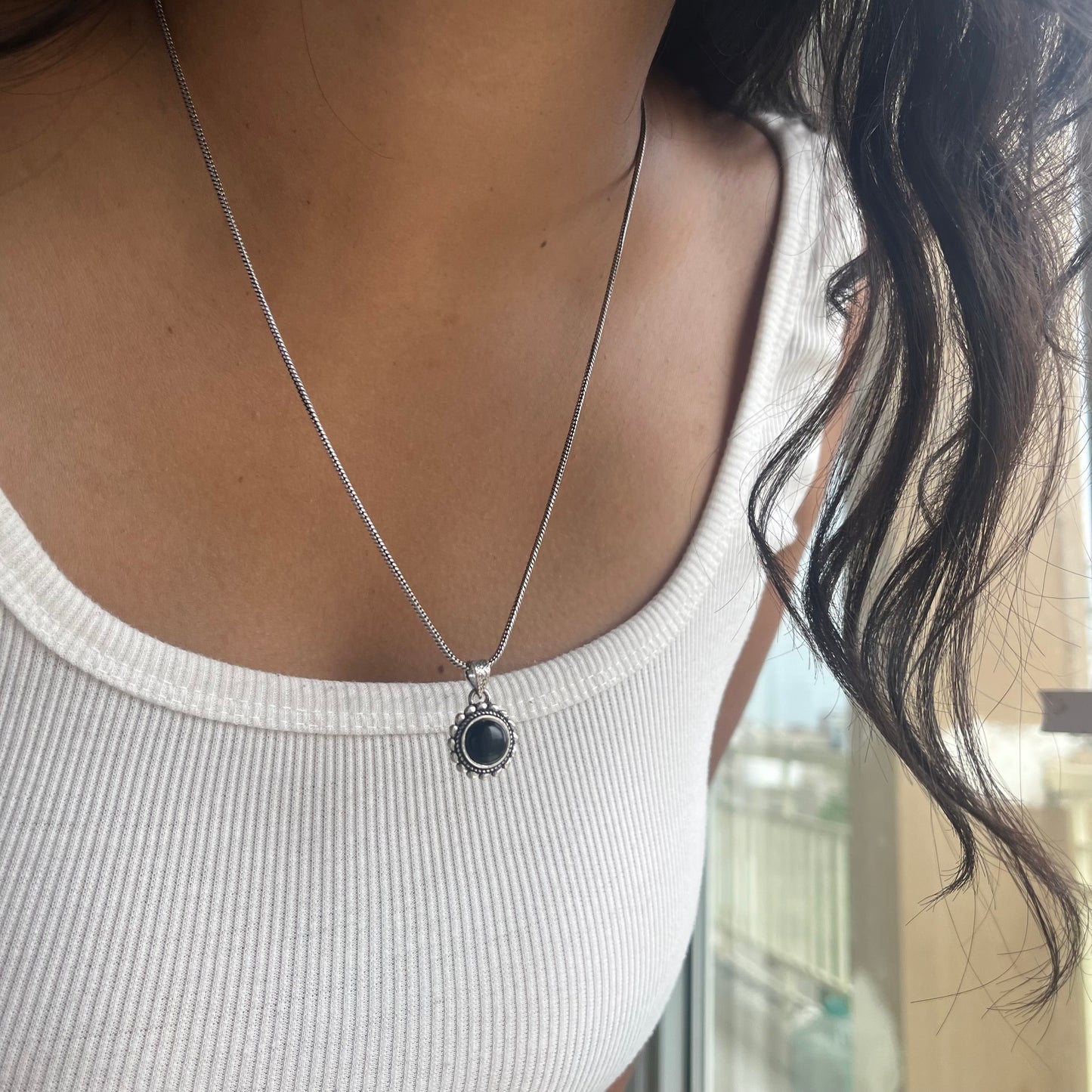 Black Onyx Stone Pendant & Chain