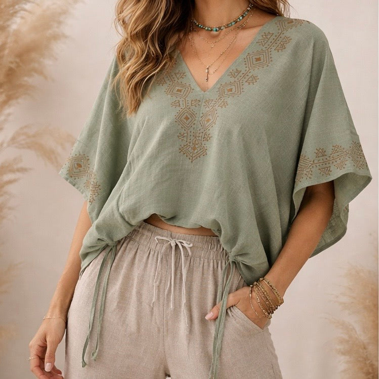 Zyra V-Neck Cotton Top - Sage Green