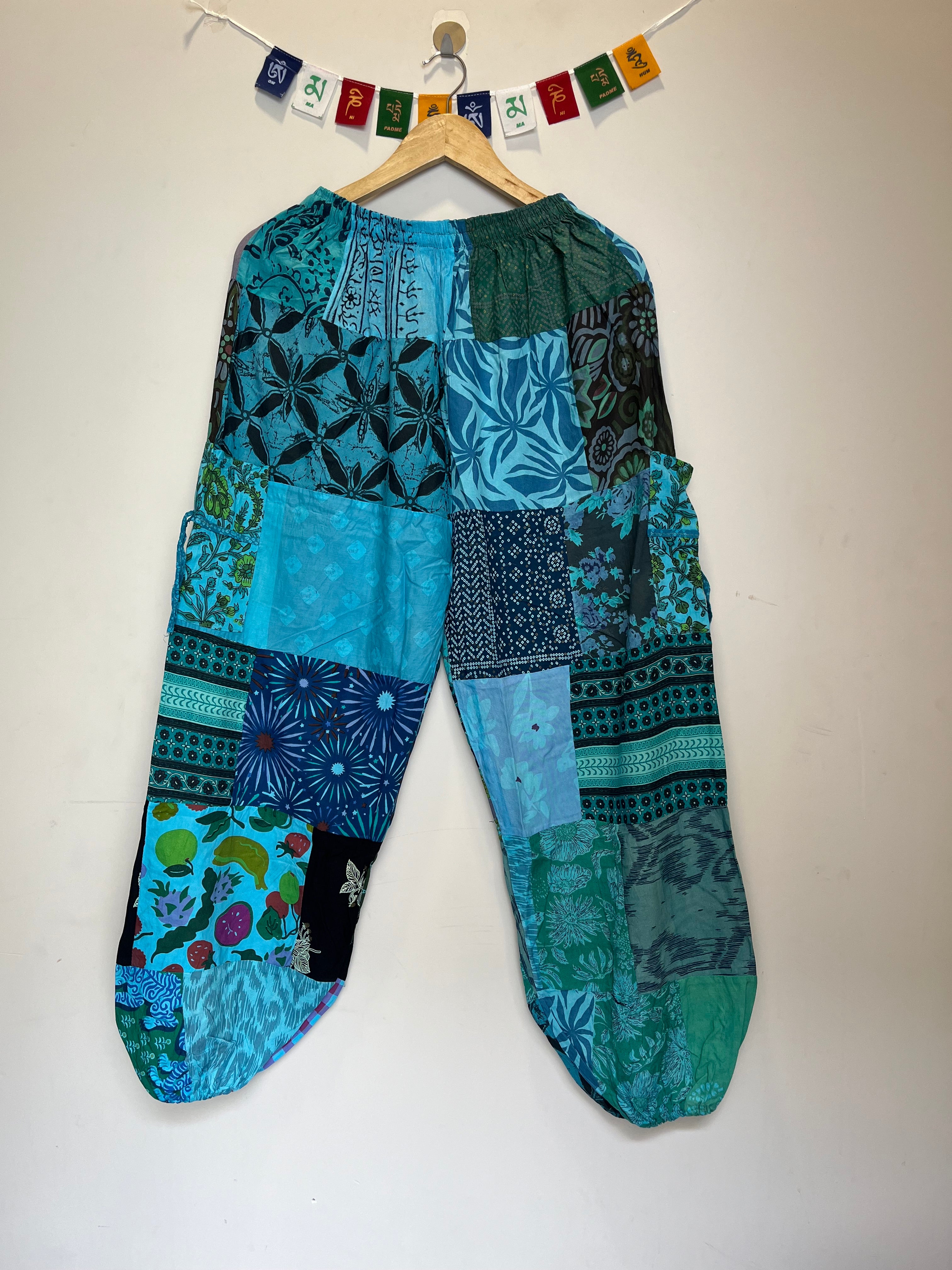 Cotton Patchwork Pants - Turquoise