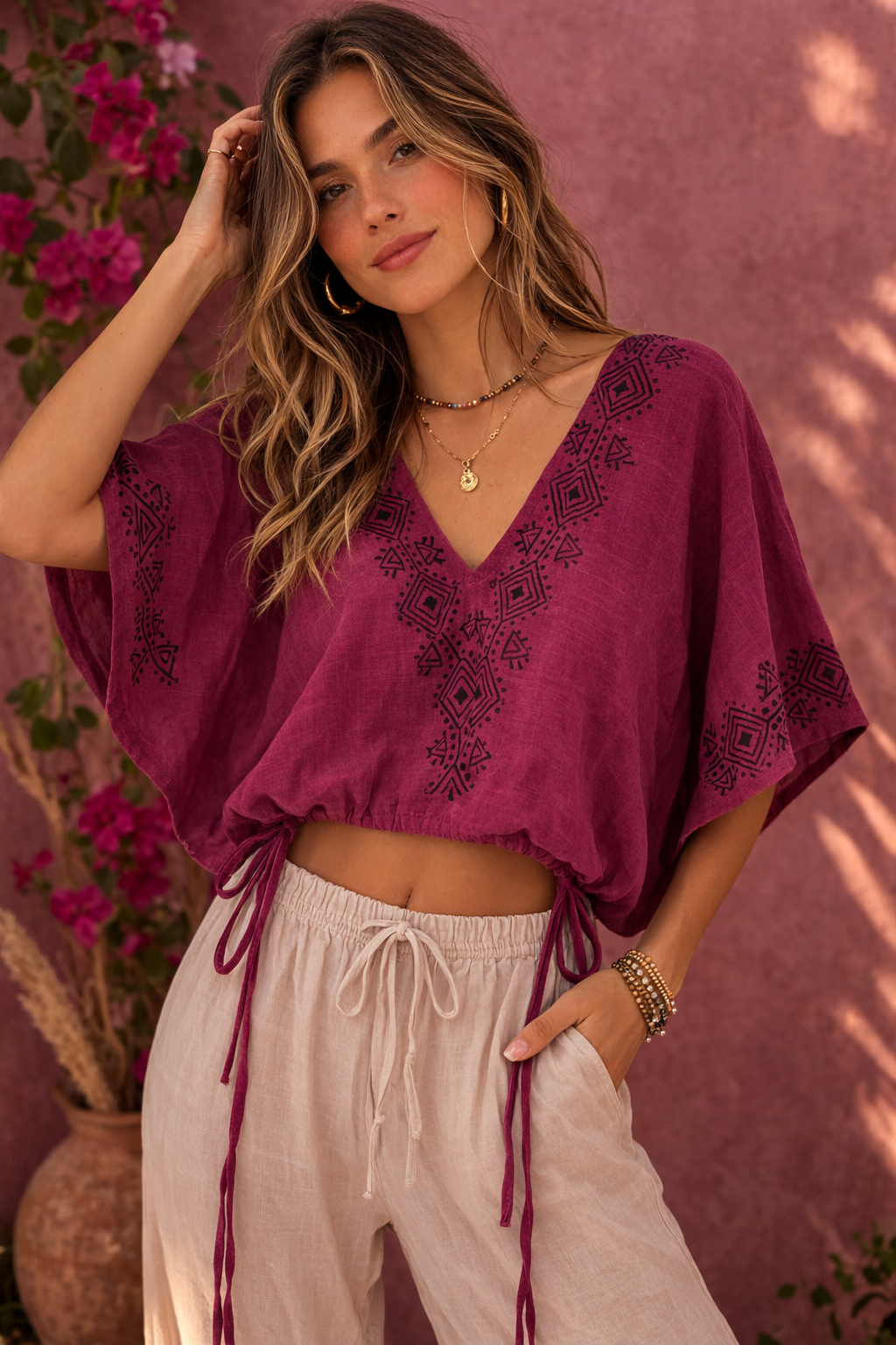 Zyra V-Neck Cotton Top - Mulberry Berry