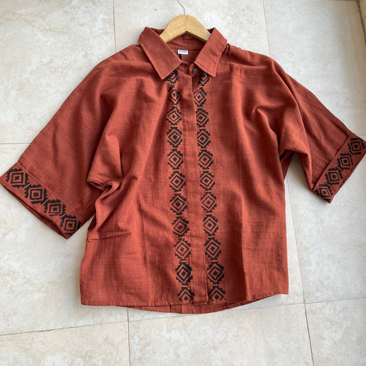 Rahgir Cotton Unisex Shirt - Rust Orange