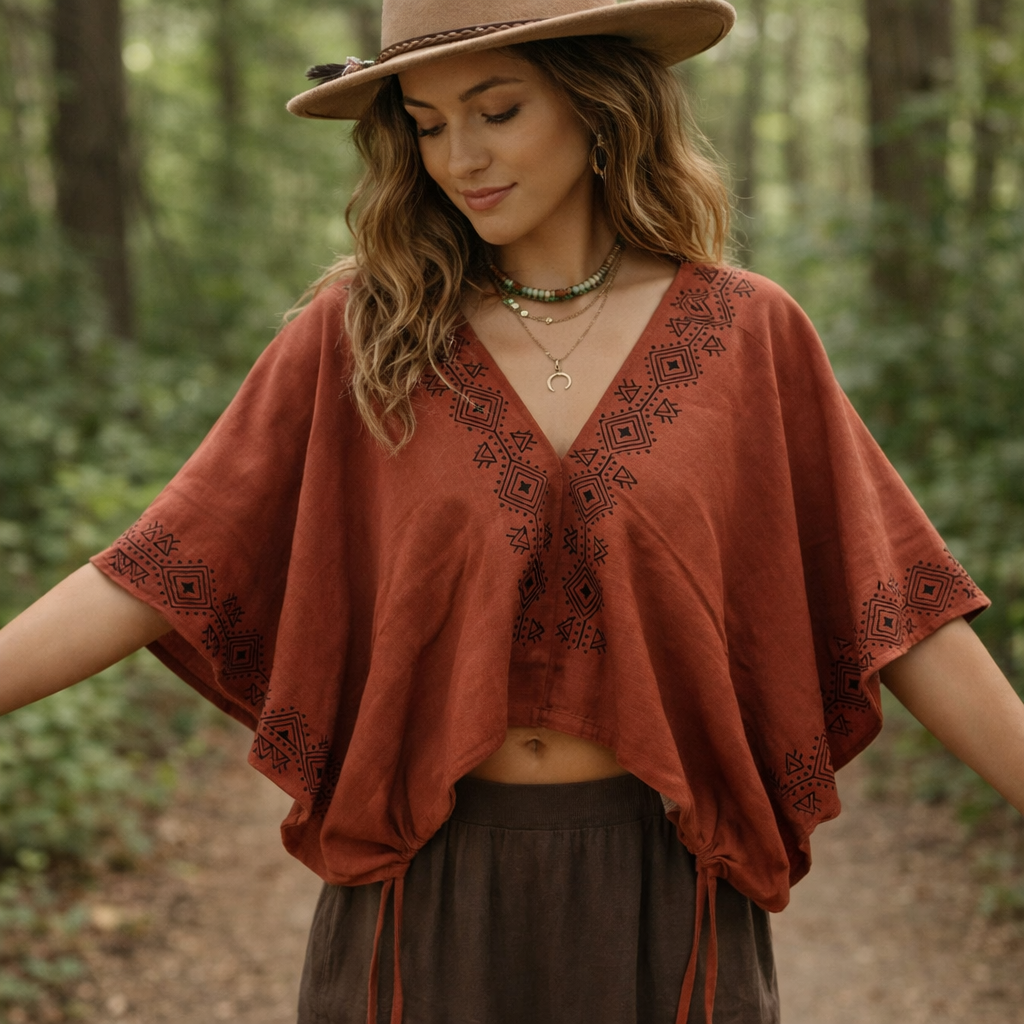 Zyra V-Neck Cotton Top - Rust Orange