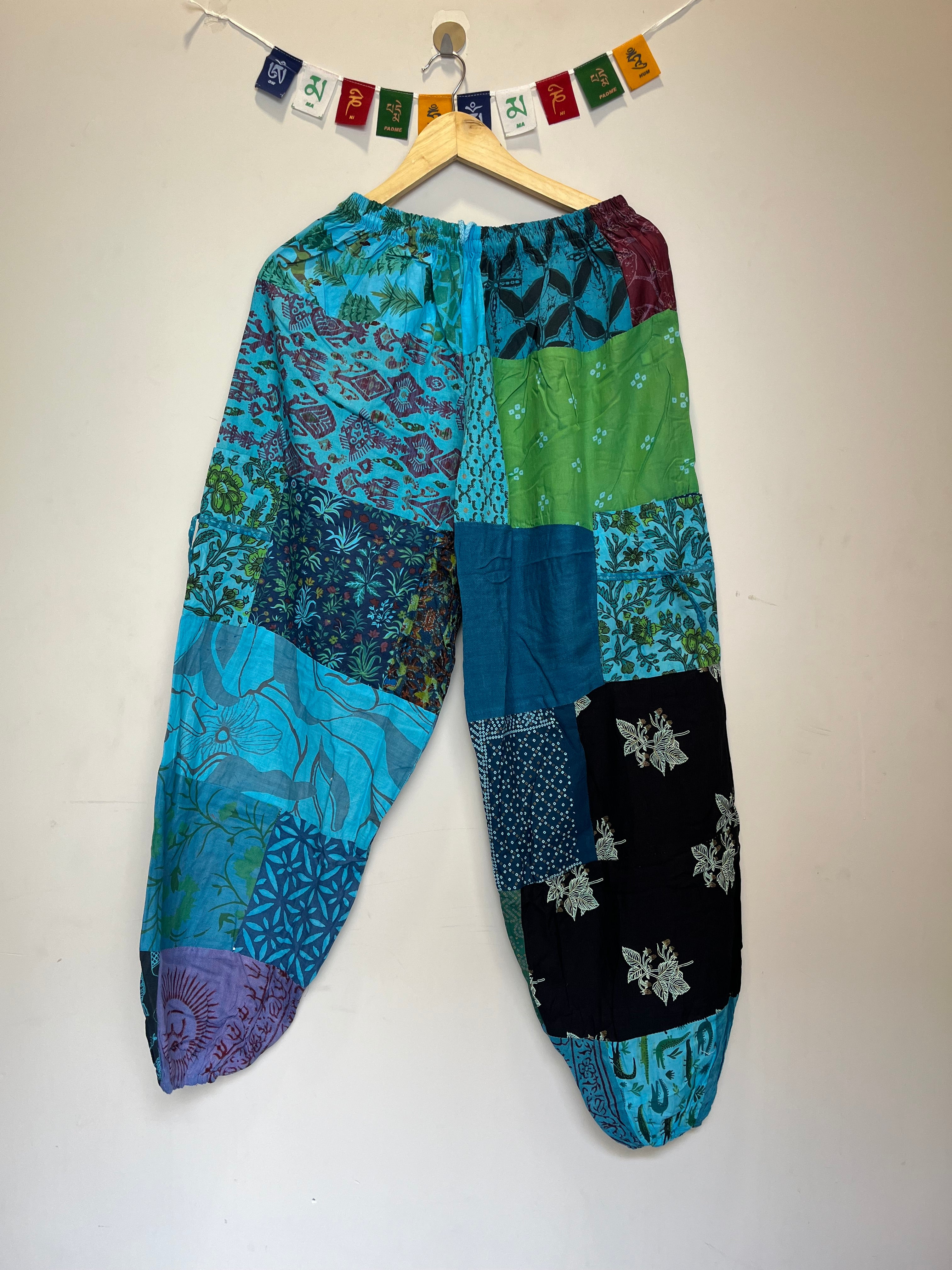 Cotton Patchwork Pants - Turquoise