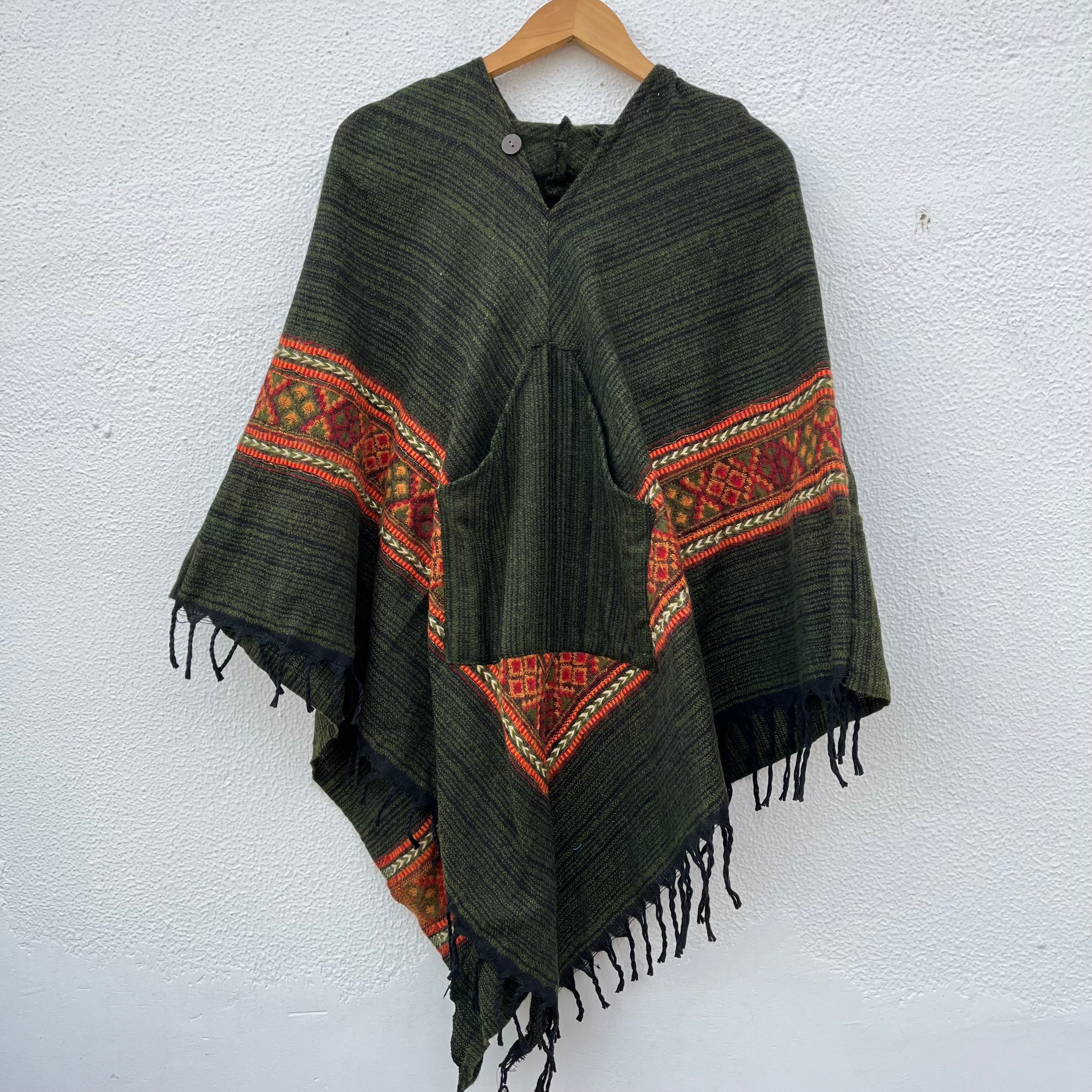 Pahadi Kullu Poncho with Hood - Green