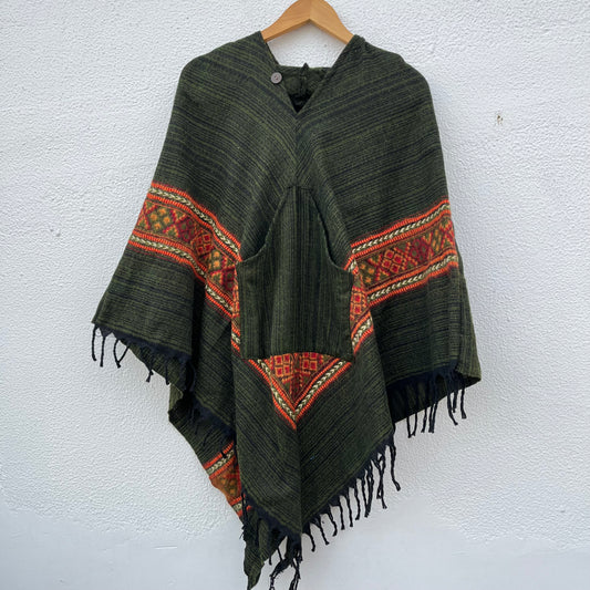 Pahadi Kullu Poncho with Hood - Green