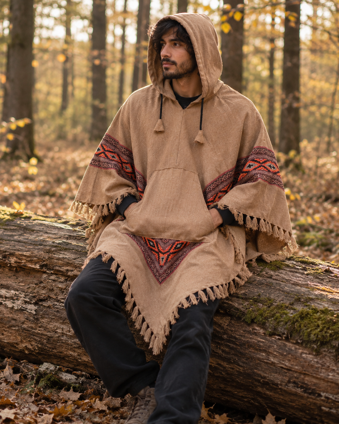Pahadi Kullu Poncho with Hood - Beige