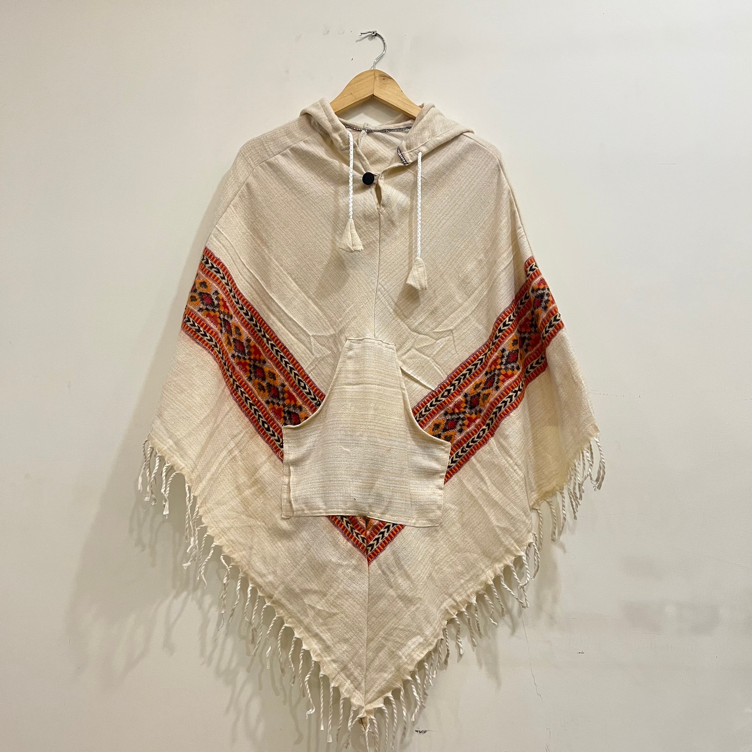 Pahadi Kullu Poncho with Hood - Cream