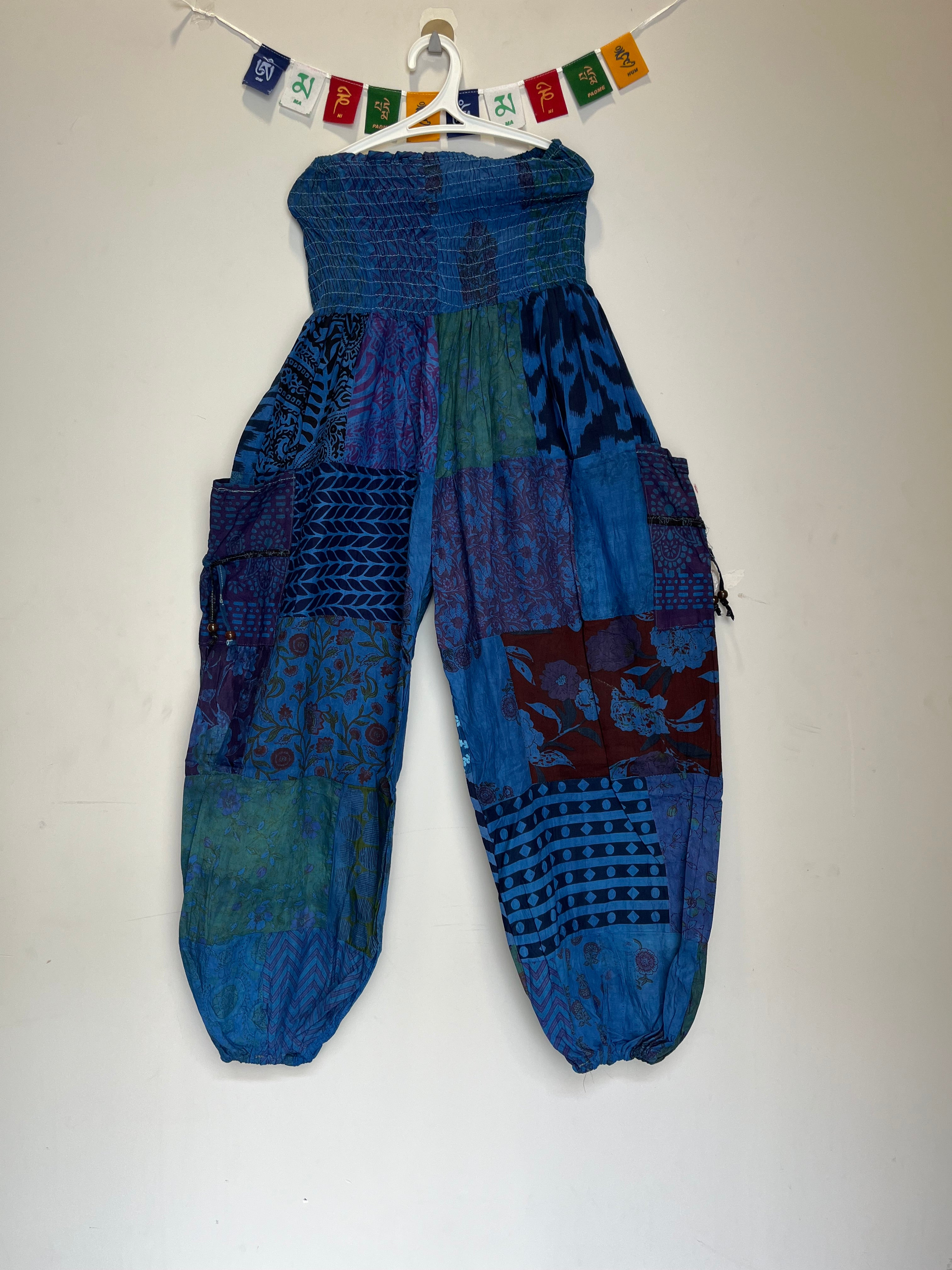 Cotton Patchwork Pants - Kansai Pattern (Blue)