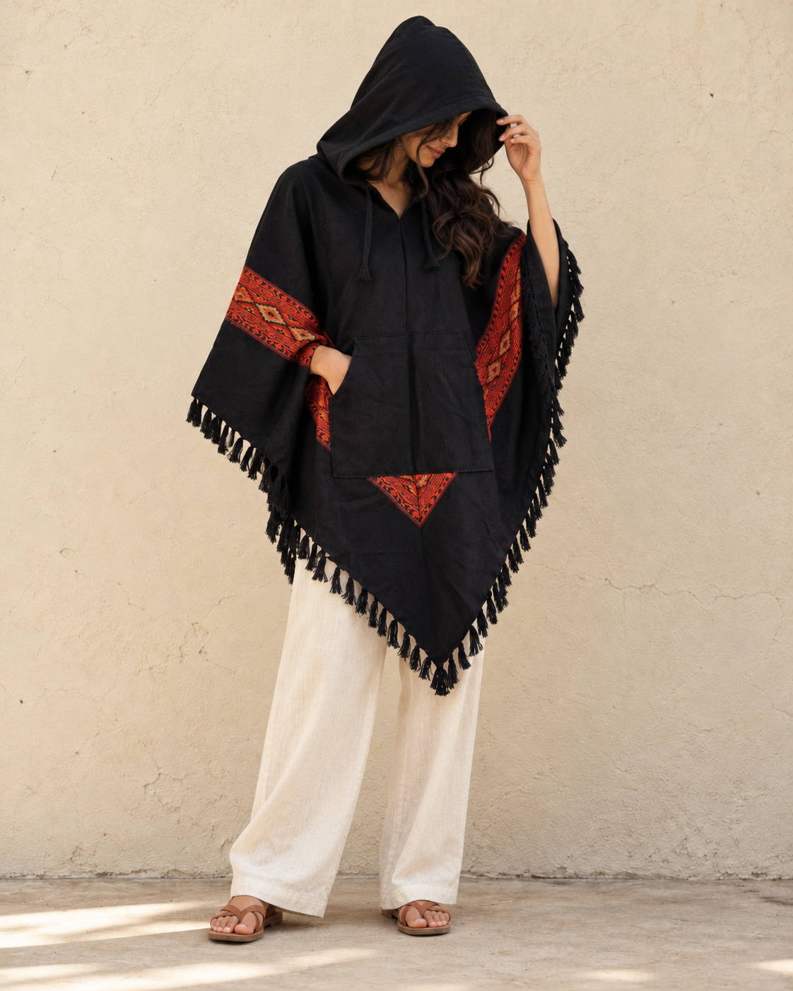 Pahadi Kullu Poncho with Hood - Black