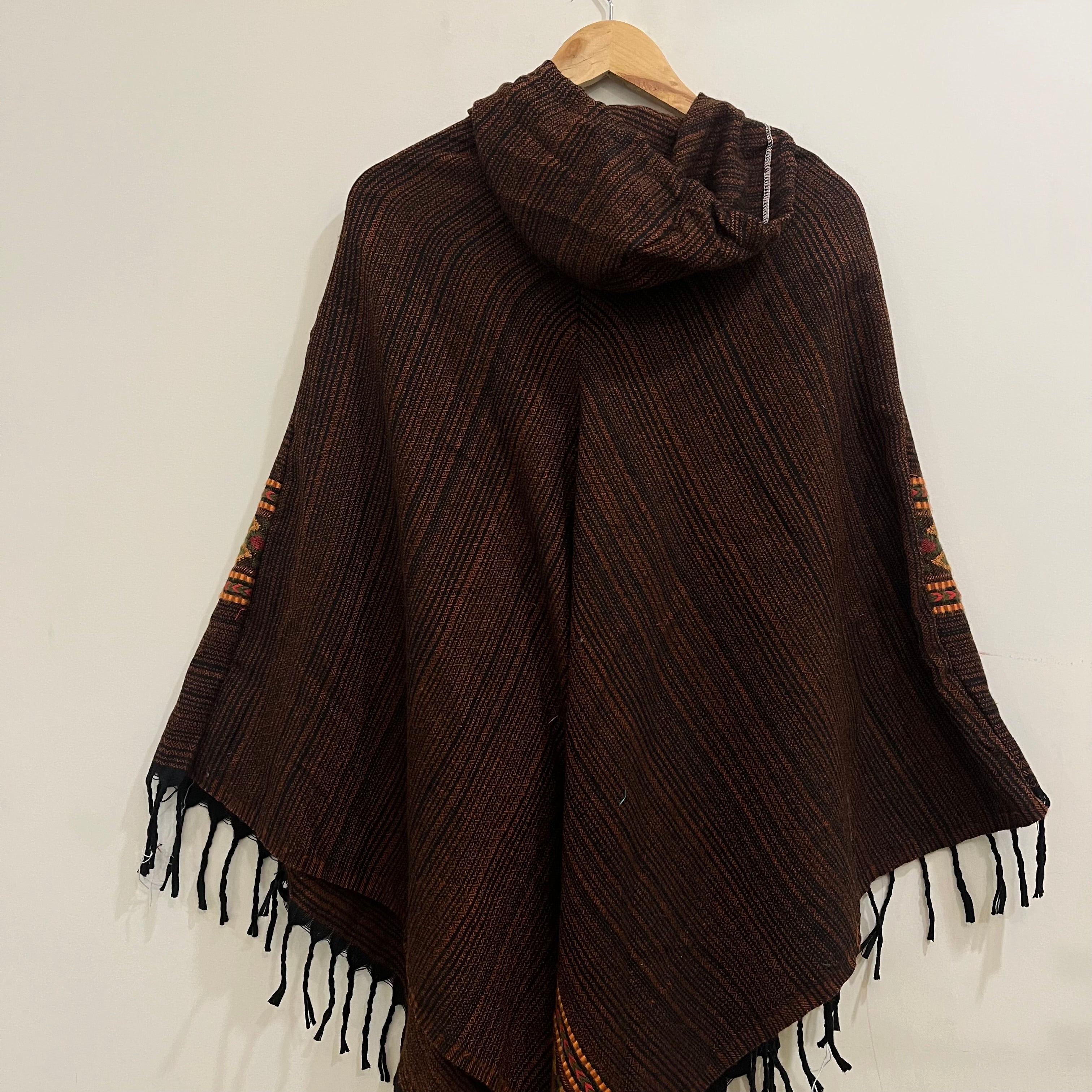 Pahadi Kullu Poncho with Hood - Brown