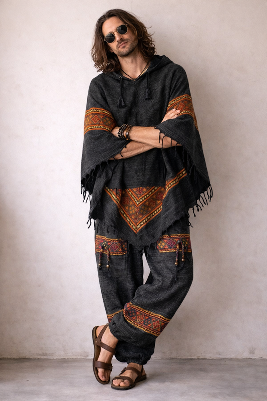 Combo Set - Kullu Poncho + Woollen Pants (Black)