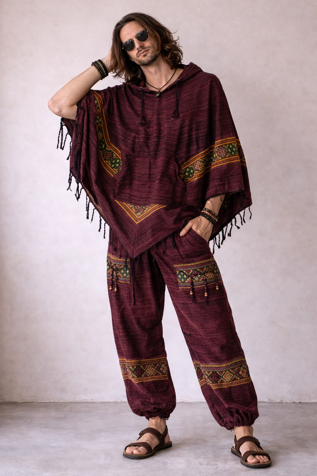 Combo Set - Kullu Poncho + Woollen Pants (Maroon)