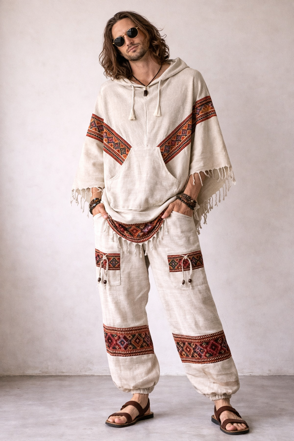 Combo Set - Kullu Poncho + Woollen Pants (Cream)