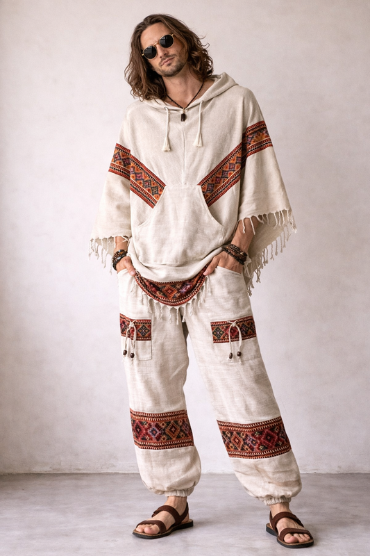Combo Set - Kullu Poncho + Woollen Pants (Cream)