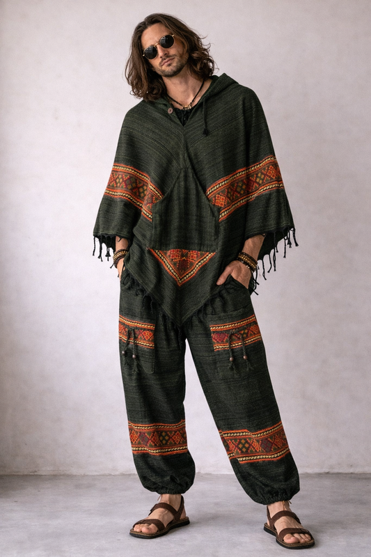 Combo Set - Kullu Poncho + Woollen Pants (Green)