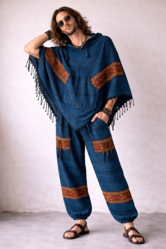 Combo Set - Kullu Poncho + Woollen Pants (Blue)