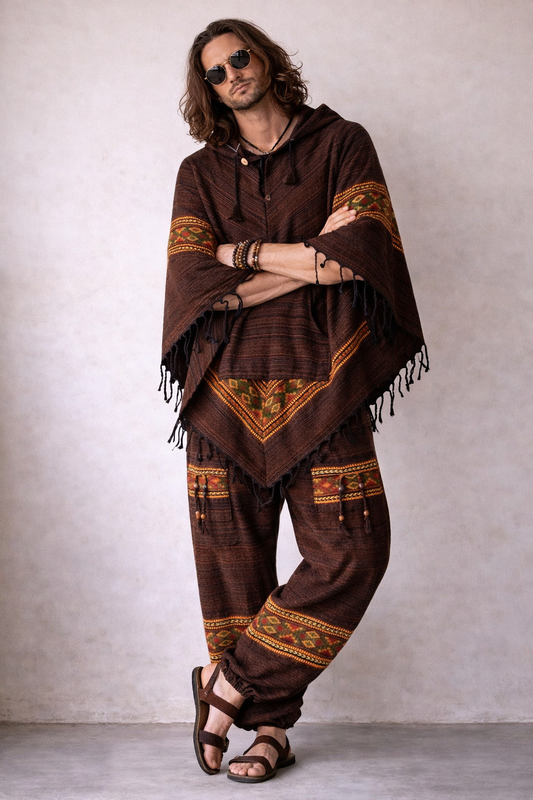 Combo Set - Kullu Poncho + Woollen Pants (Brown)