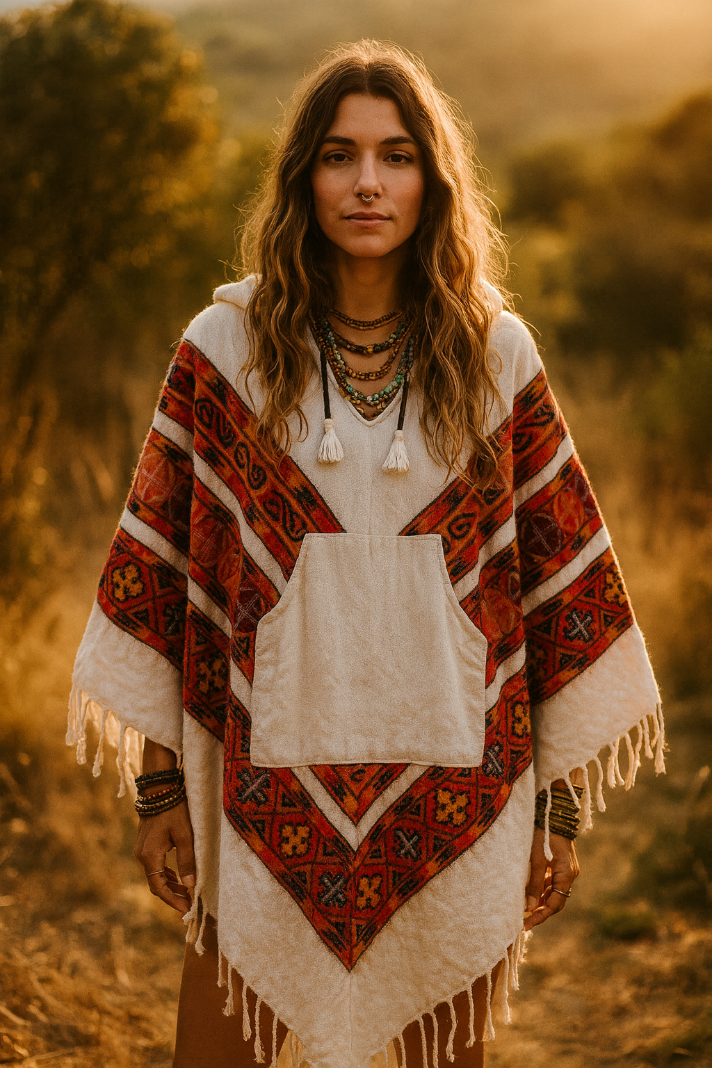 Pahadi Poncho 3 Patti with Hood - White