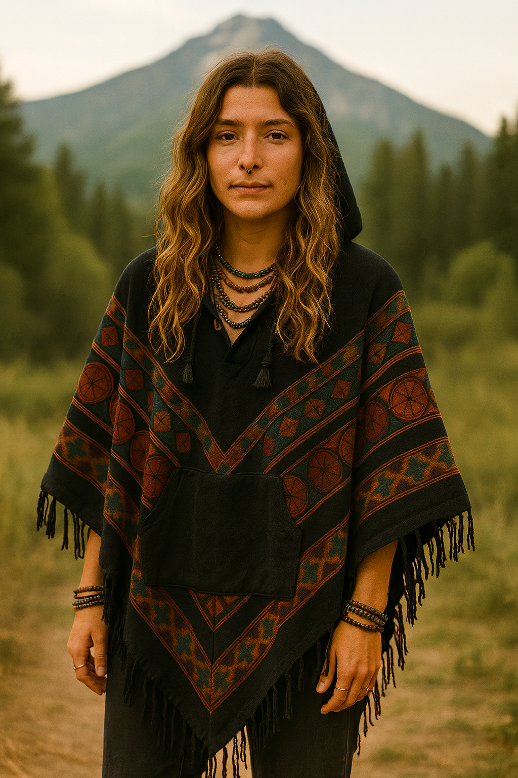 Pahadi Poncho 3 Patti with Hood - Black