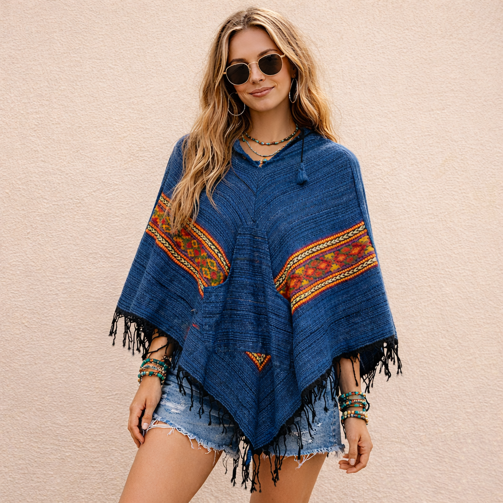 Combo Set - Kullu Poncho + Woollen Pants (Blue+ Cream)