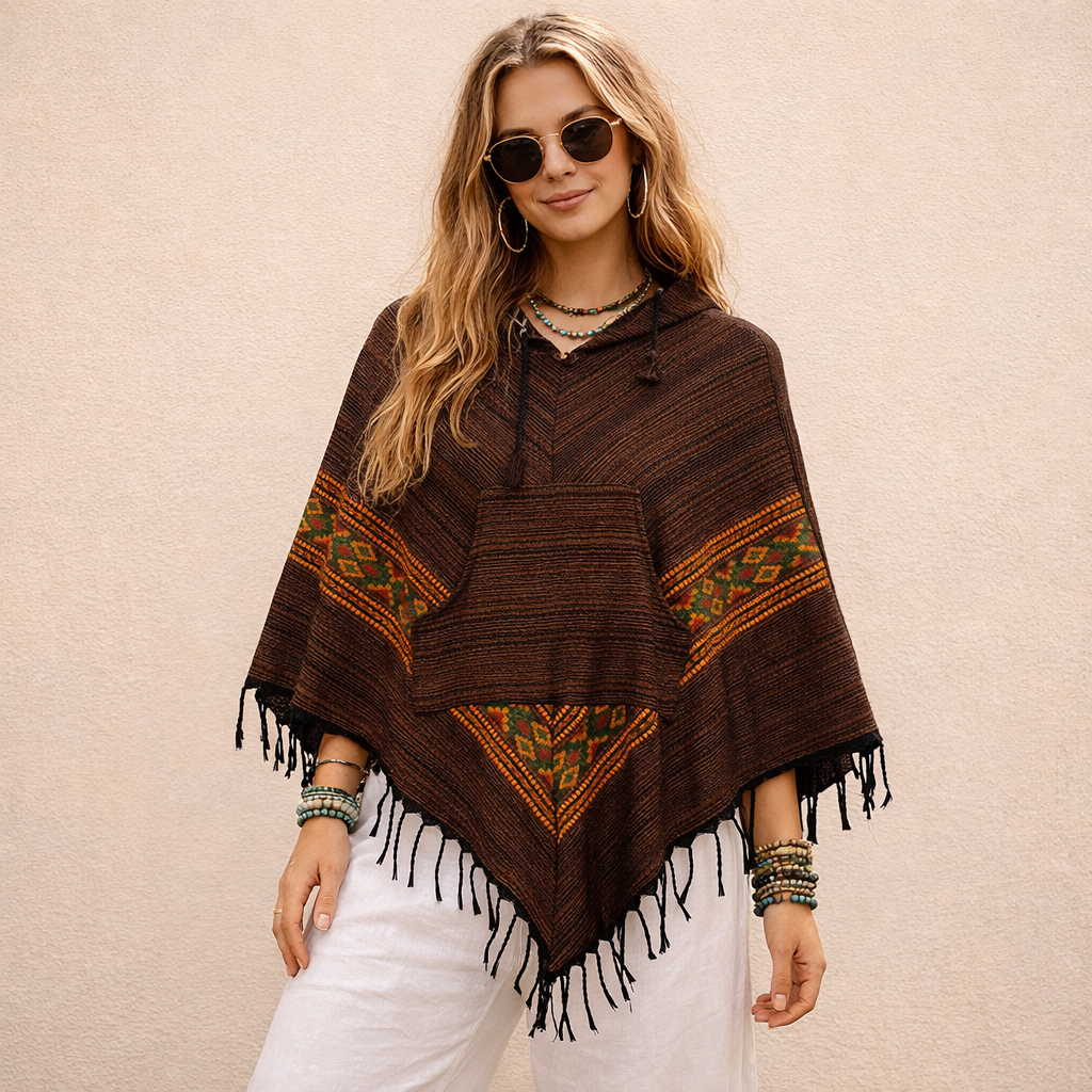 Combo Set - Kullu Poncho + Woollen Pants (Brown+ Cream)