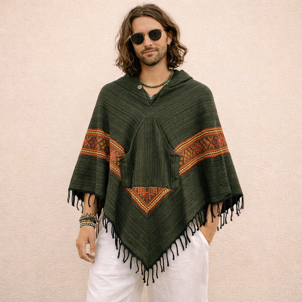 Combo Set - Kullu Poncho + Woollen Pants (Green+ Cream)