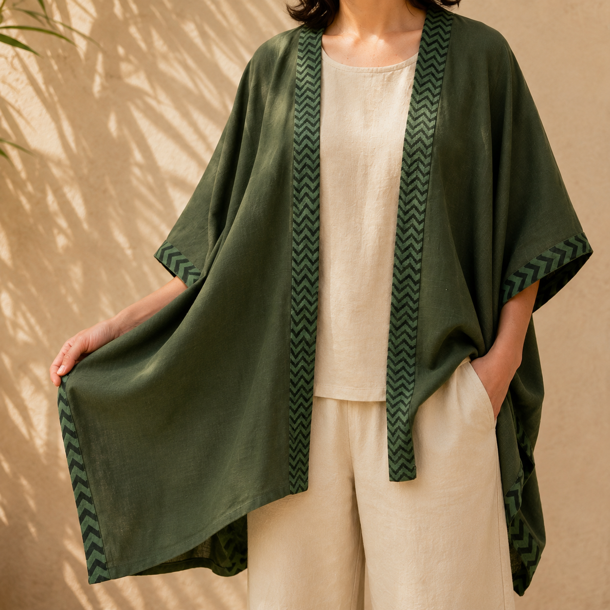 Karwaan Kaftan Cotton Shrug - Forest Green