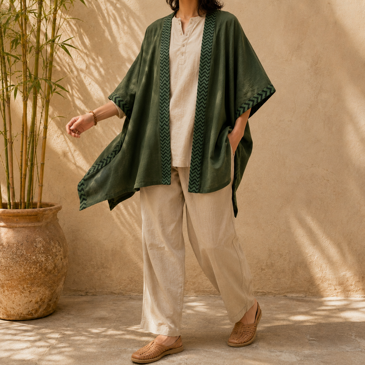 Karwaan Kaftan Cotton Shrug - Forest Green