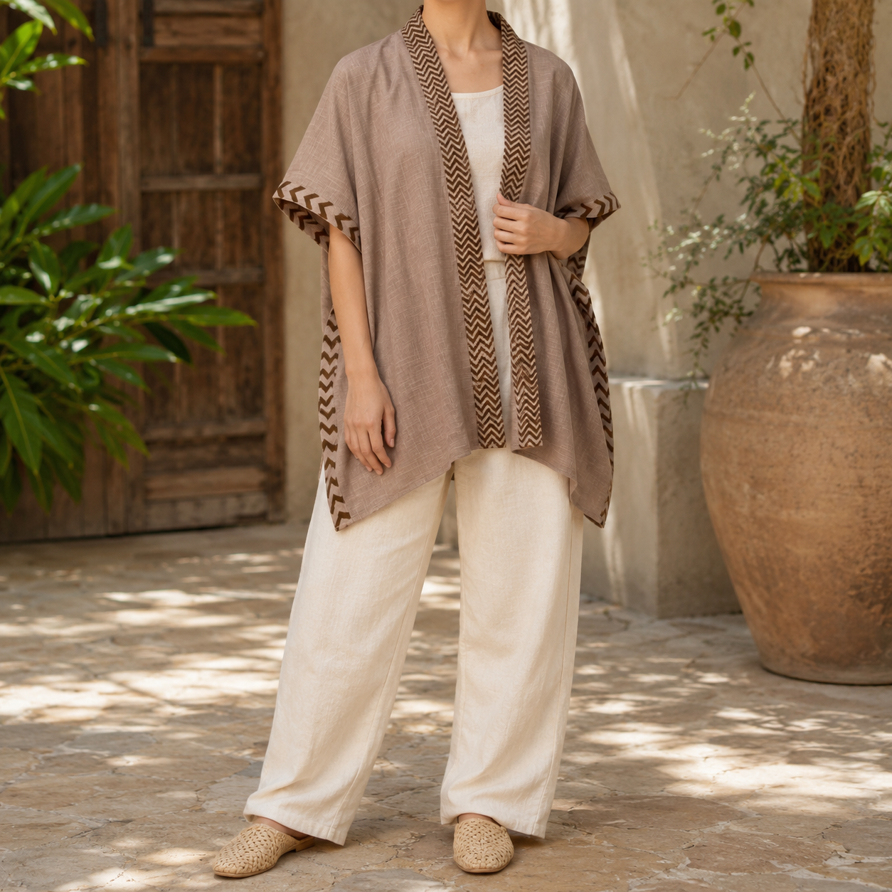 Karwaan Kaftan Cotton Shrug - Light Sand