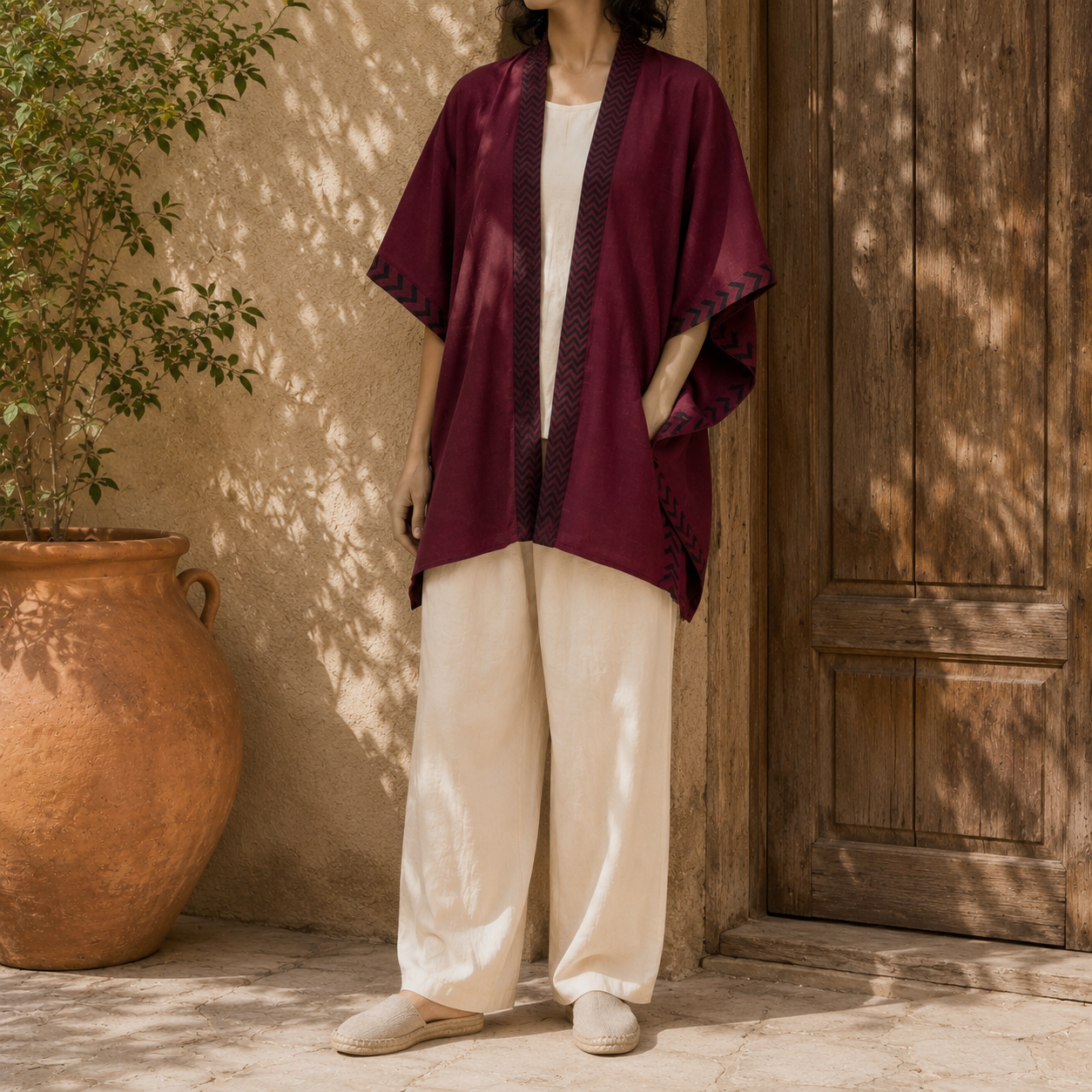 Karwaan Kaftan Cotton Shrug- Wine