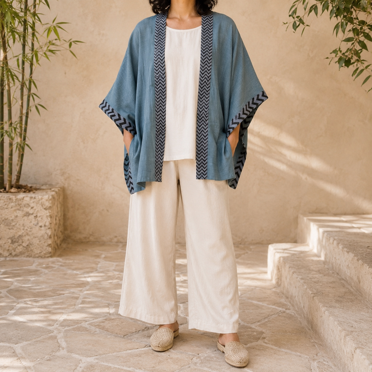 Karwaan Kaftan Cotton Shrug- Teal Blue