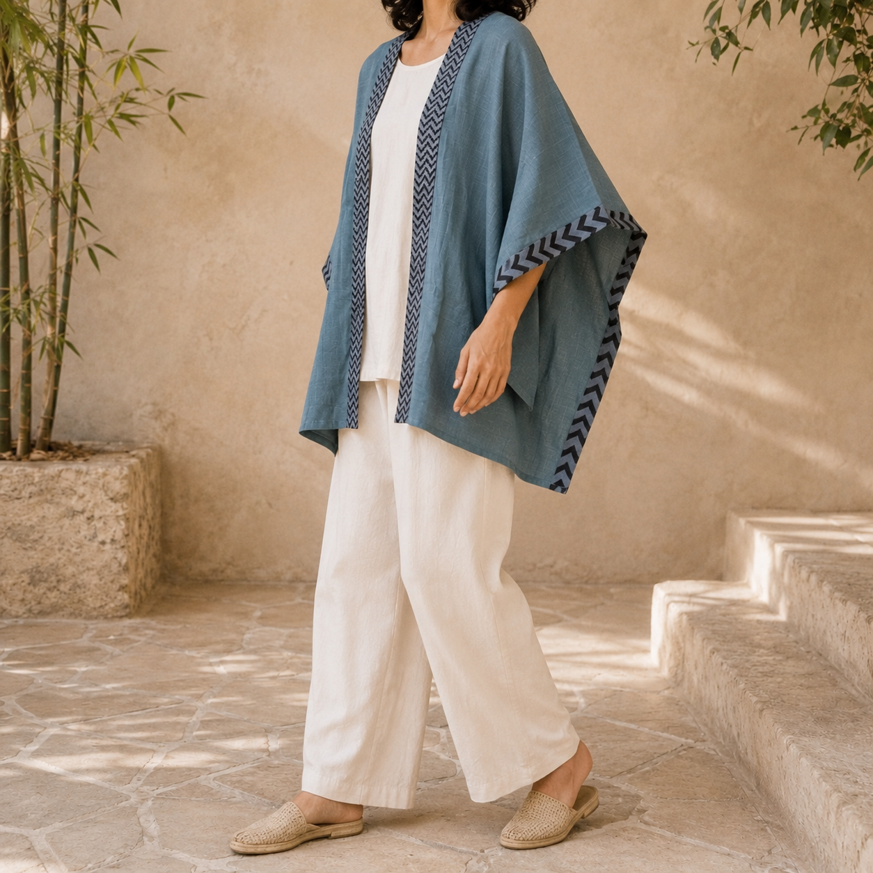 Karwaan Kaftan Cotton Shrug- Teal Blue