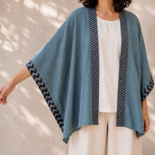Karwaan Kaftan Cotton Shrug- Teal Blue