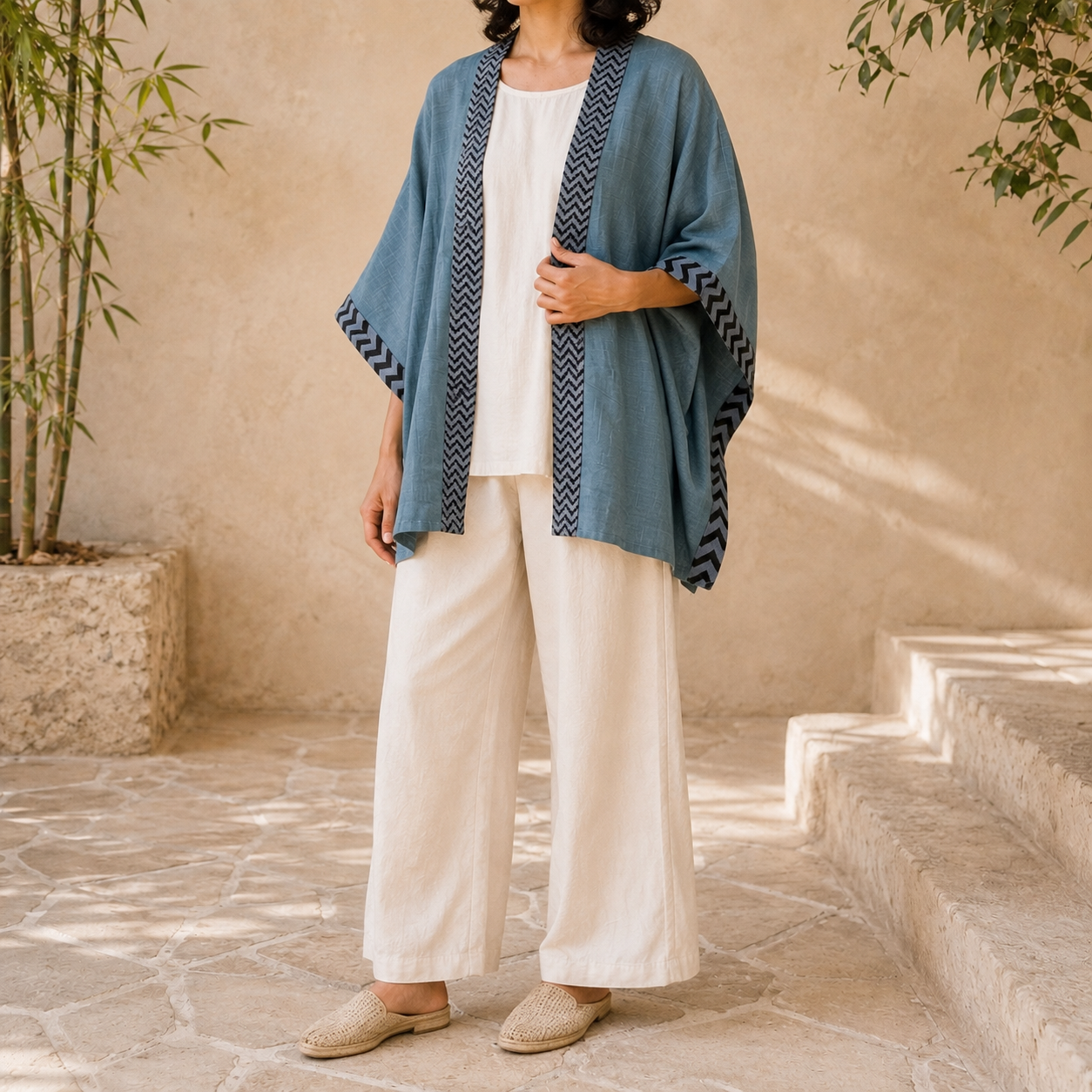 Karwaan Kaftan Cotton Shrug- Teal Blue