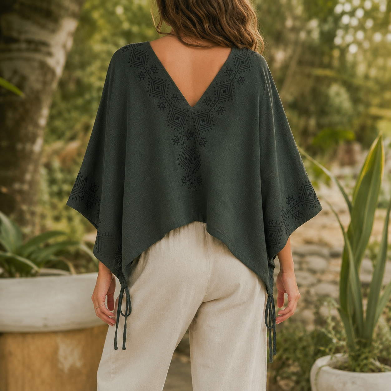 Zyra V-Neck Cotton Top - Forest Green