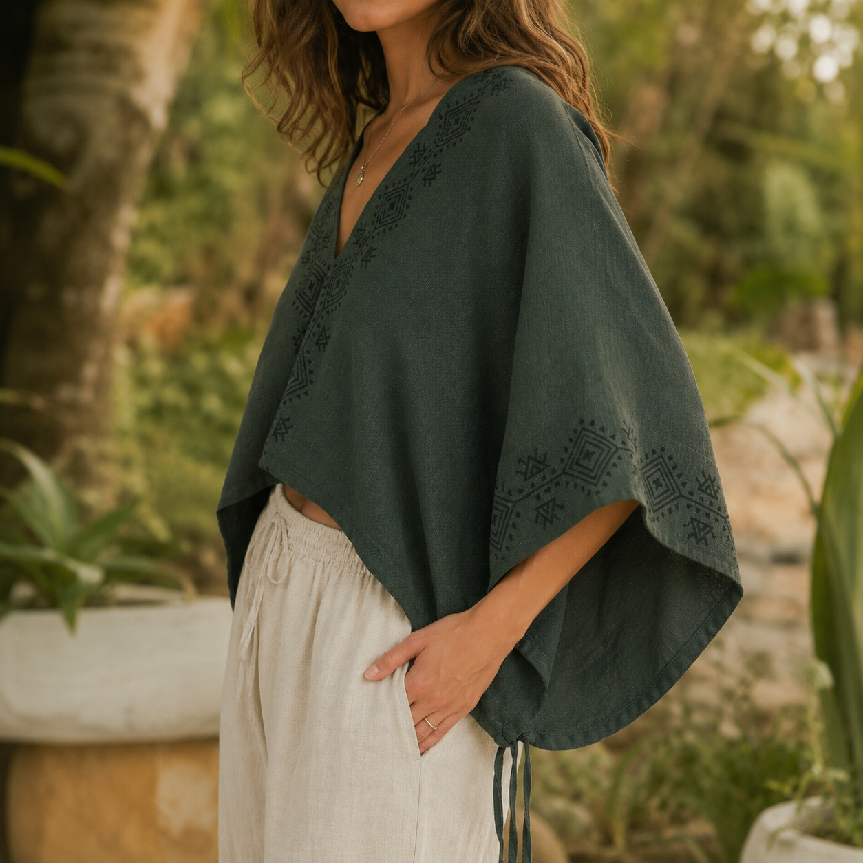 Zyra V-Neck Cotton Top - Forest Green