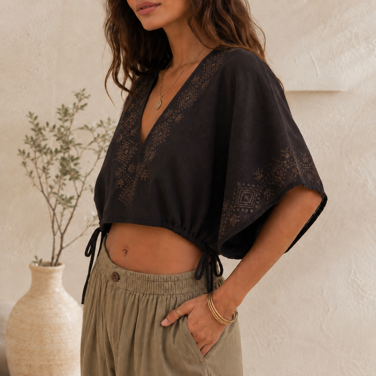 Zyra V-Neck Cotton Top - Brown